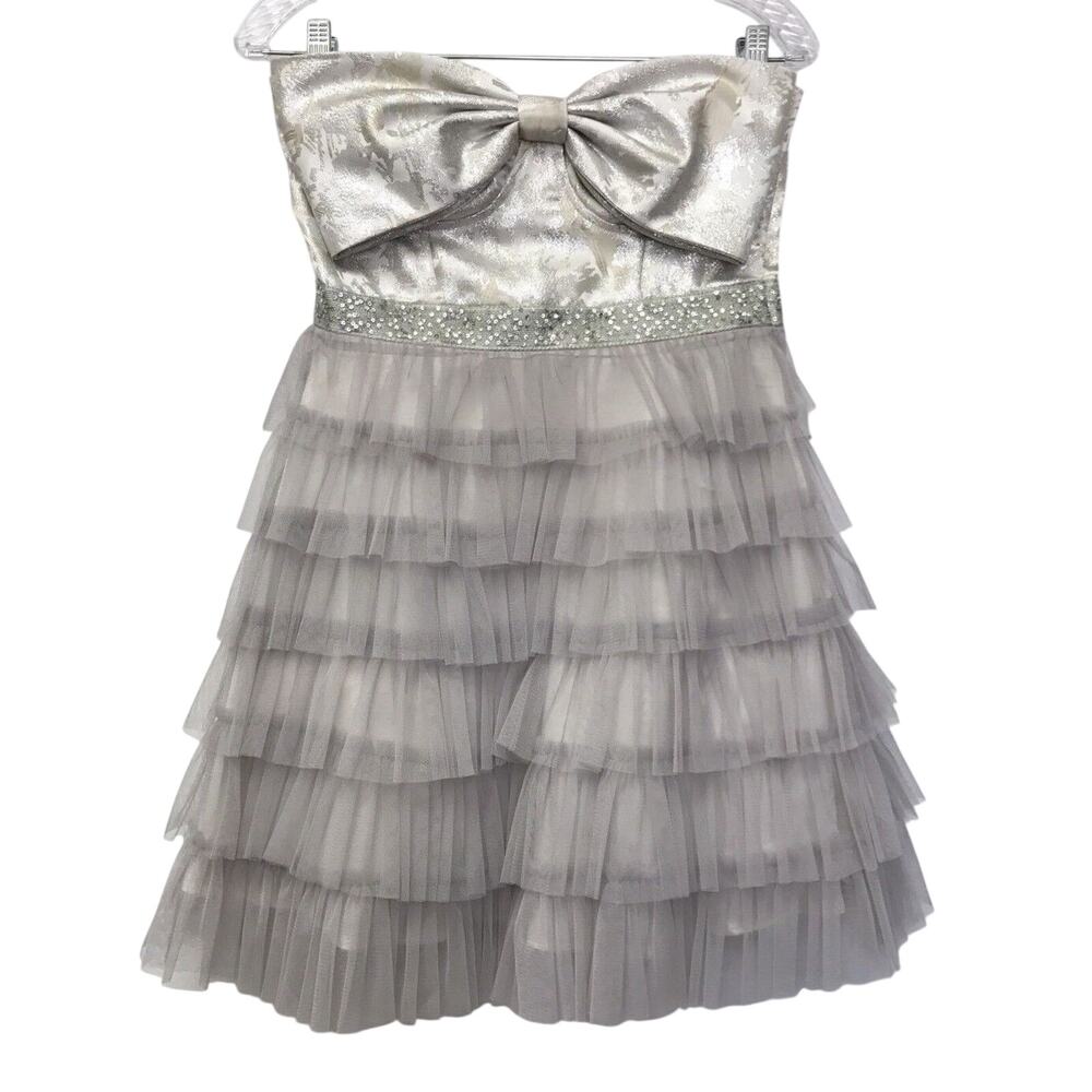 Inspire Me Dress Juniors Size 5 Silver Tulle Tiered Beaded Bow Cocktail
